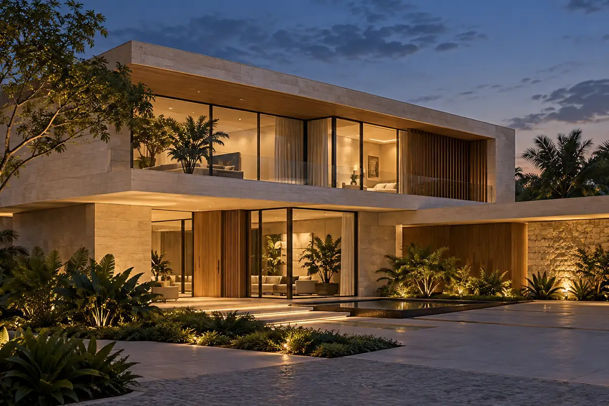 Casa contemporânea preservada, com iluminação acolhedora e jardim.
